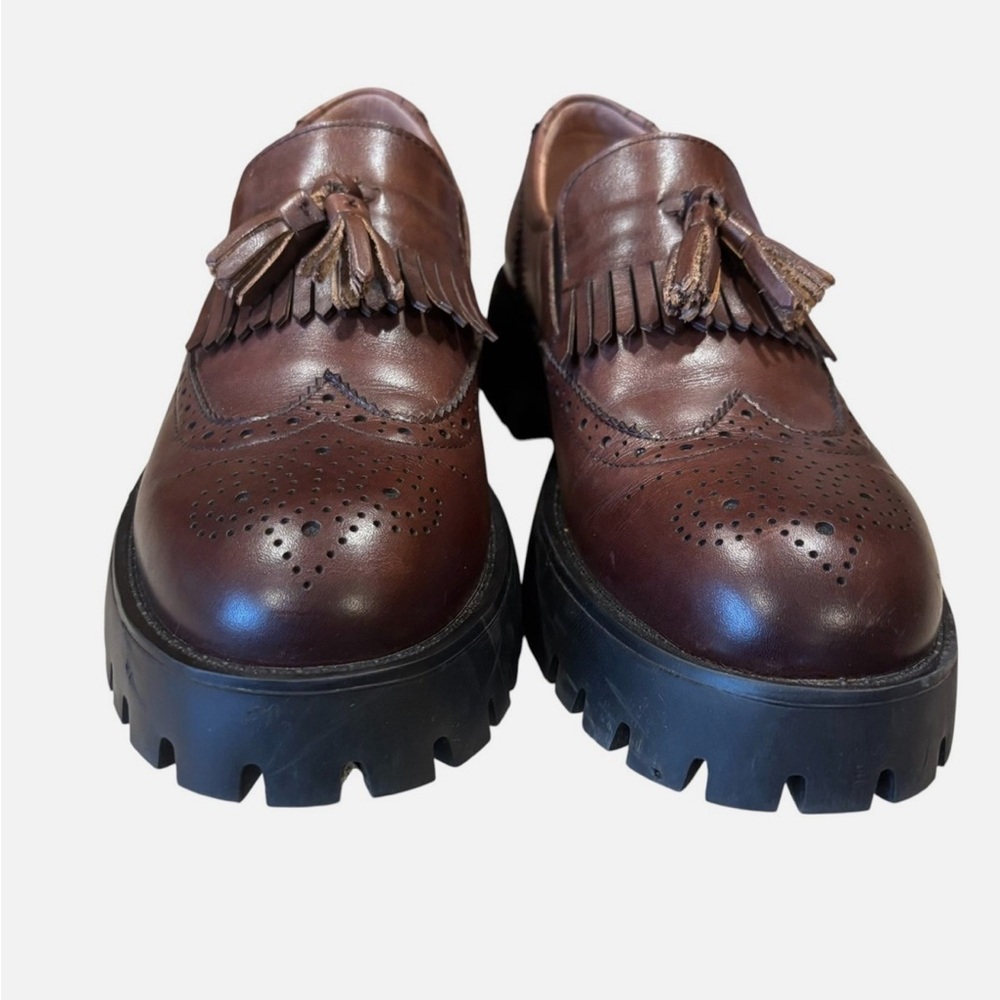 BeauToday Platform Brogue Tassel Loafers Brown Leather Lug Sole Women 8 - Picture 3 of 8